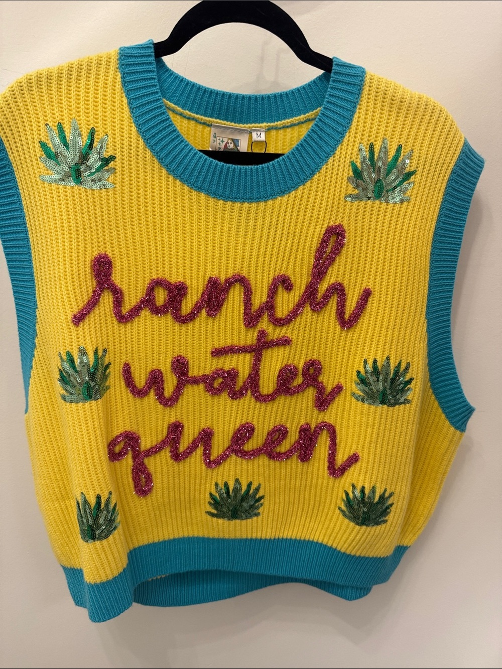 QUEEN OF SPARKLES Yellow Knit Vest with Teal Trim and Pink Script